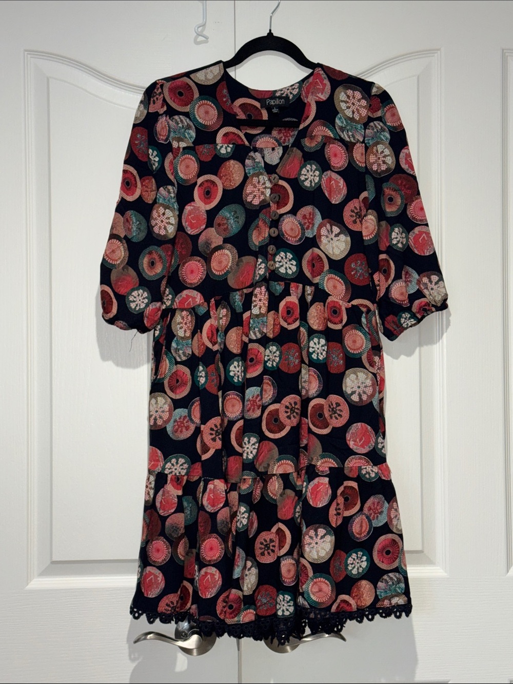 Authentic Papillon Boho Tiered Abstract Circle Print Henley Mini Dress L